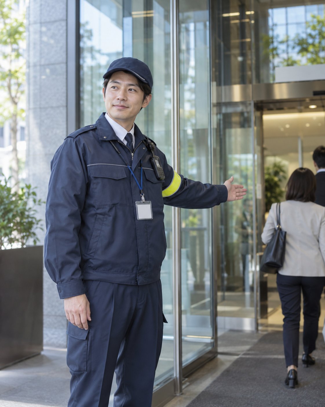 施設の入口で案内する警備スタッフ